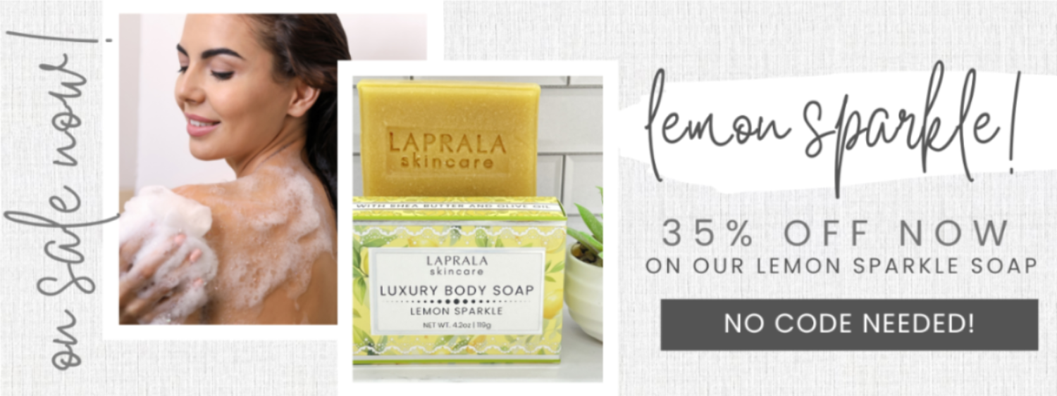 Advertisement for La Praha Lemon Sparkle soap with a woman using soap, text offering a discount, and product packaging.