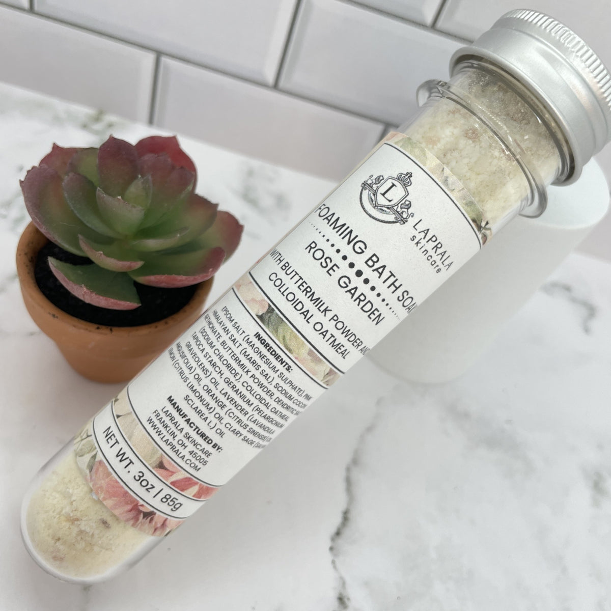 single serve bath tub soaking salts with a scent of a rose garden.