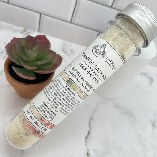 single serve bath tub soaking salts with a scent of a rose garden.