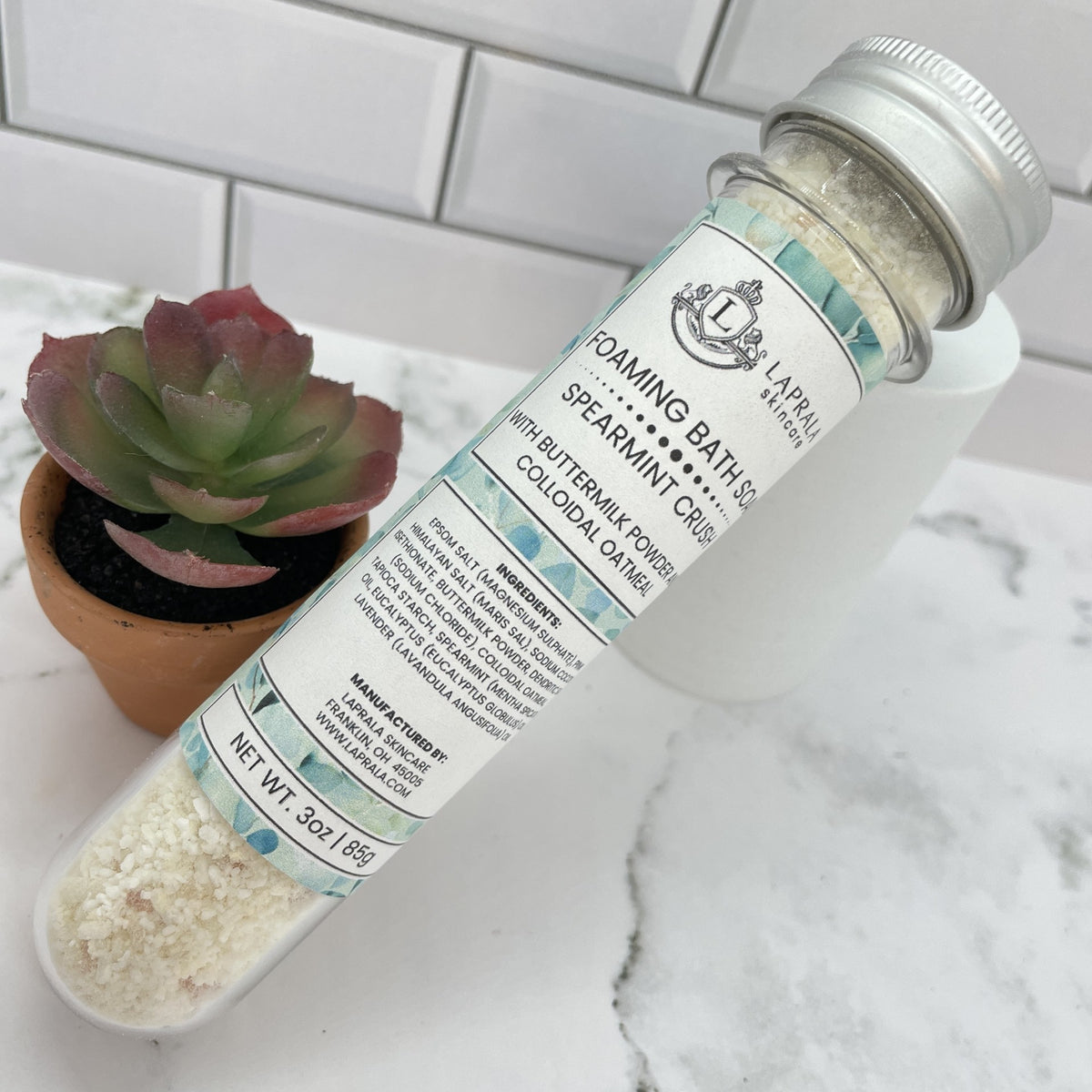 a single use tube of foaming bath soak with the essential oils of spearmint and eucalyptus.  It contains colloidal oatmeal and buttermilk powder.