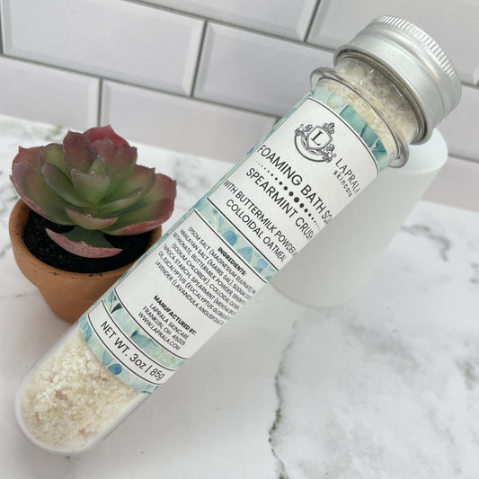 a single use tube of foaming bath soak with the essential oils of spearmint and eucalyptus.  It contains colloidal oatmeal and buttermilk powder.